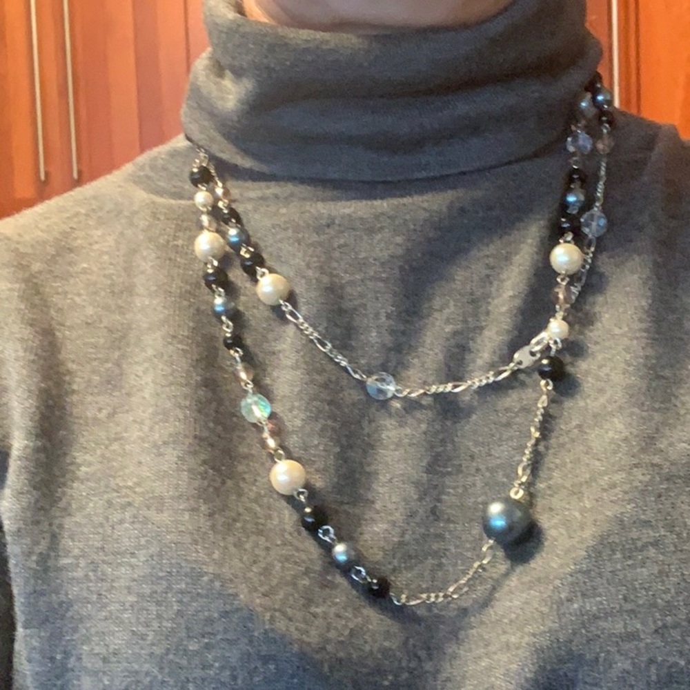 Double-stranded silver and navy beaded necklace(3 items for $15)